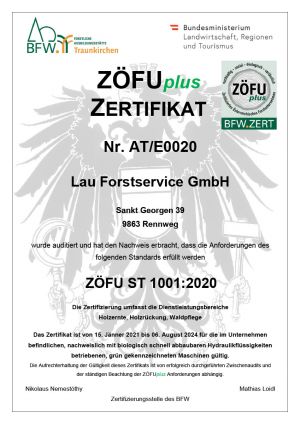 ZÖFUplus Zertifikat für Lau Forstservice GmbH